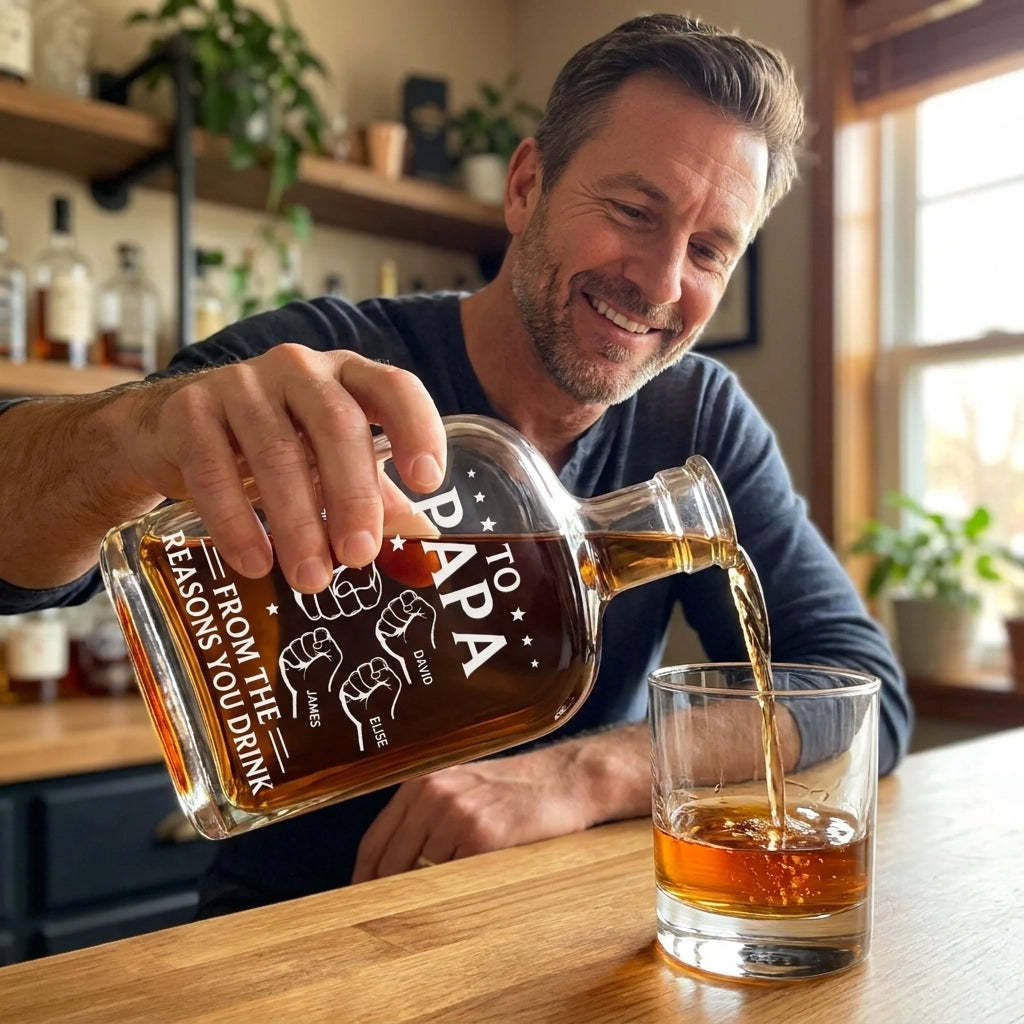 Custom Personalized Liquor Decanter – Father’s Day & Birthday Gift for Dad or Grandpa – “Drink Because We Exist” Engraved Glass Decanter