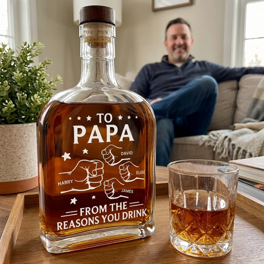 Custom Personalized Liquor Decanter – Father’s Day & Birthday Gift for Dad or Grandpa – “Drink Because We Exist” Engraved Glass Decanter