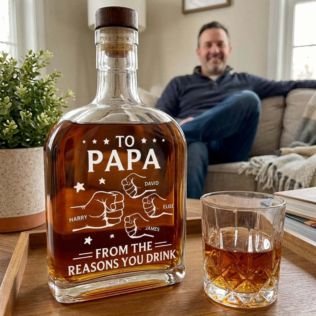 Custom Personalized Liquor Decanter – Father’s Day & Birthday Gift for Dad or Grandpa – “Drink Because We Exist” Engraved Glass Decanter