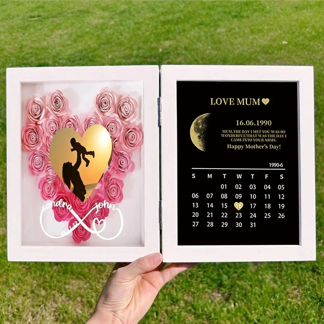 (Infinity Sign With Names) Custom Flowers Frame for Mom Grandma with REAL MOON PHASE Anniversary Calendar-Creatgifts
