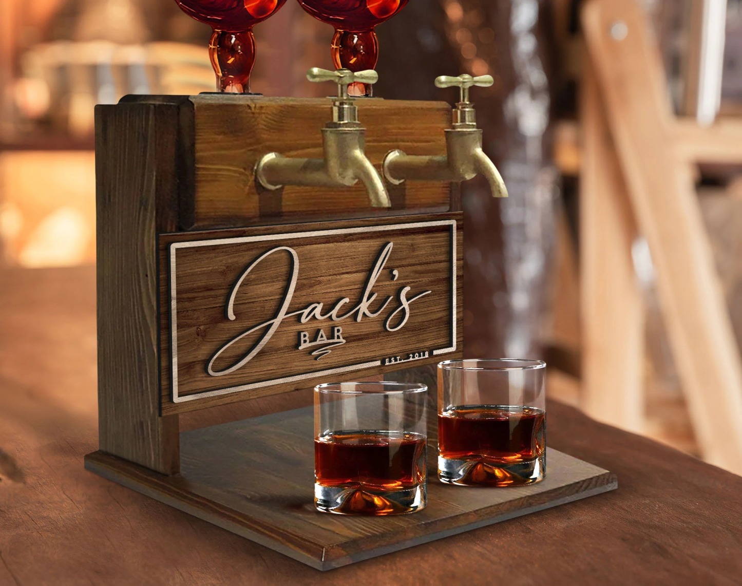 Personalized Embossed Named Wooden Double Faucet Whiskey Dispenser, Bar, Home Bar, Pub and Pub Shed, Wine, Vodka, Liquor Dispenser, Fountain-Creatgifts
