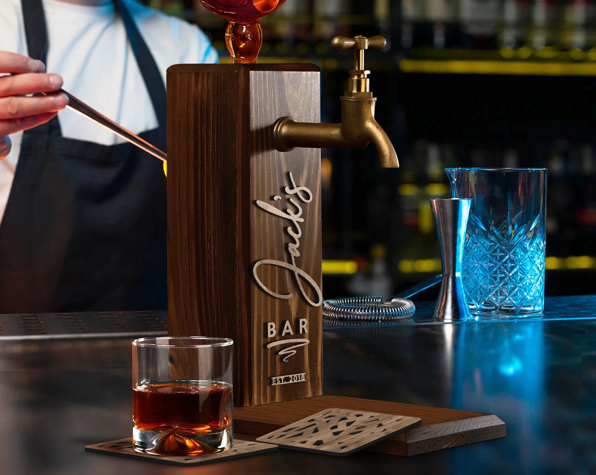 Personalized Embossed Named Wooden Whiskey Dispenser and Wood Coasters Set, Bar, Pub, Wine, Vodka, Liquor Dispenser, Wood Whiskey Fountain-Creatgifts