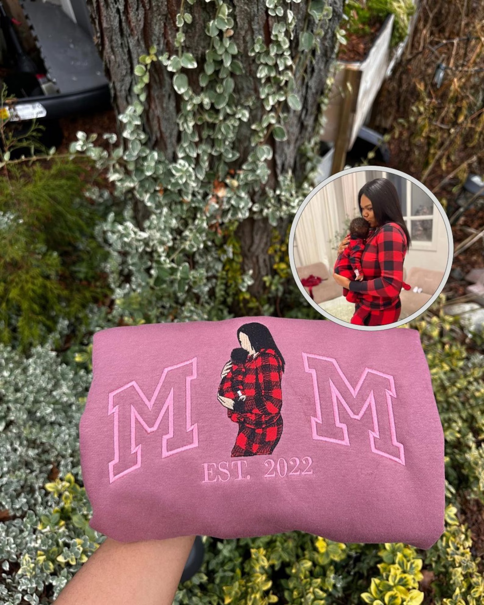 Mama,Mum T-shirt with Photo, Custom Embroidered Sweatshirt Mama and Kids Portrait.