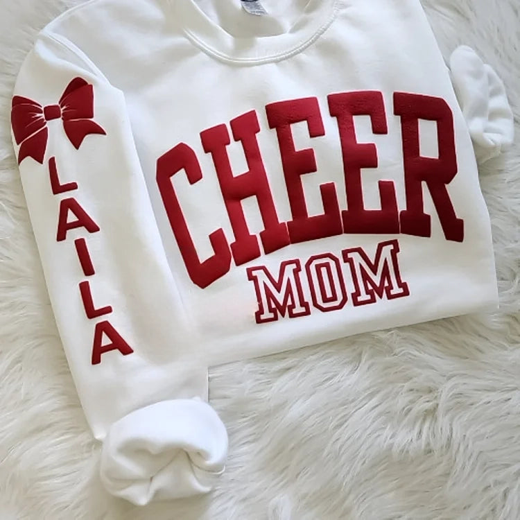 Personalized 3D PUFF Print Cheer Mom sweatshirt with Kids Name on Sleeve