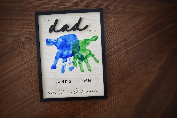 Personalized Engraved Celebrate Dad with Handprints Wooden Sign