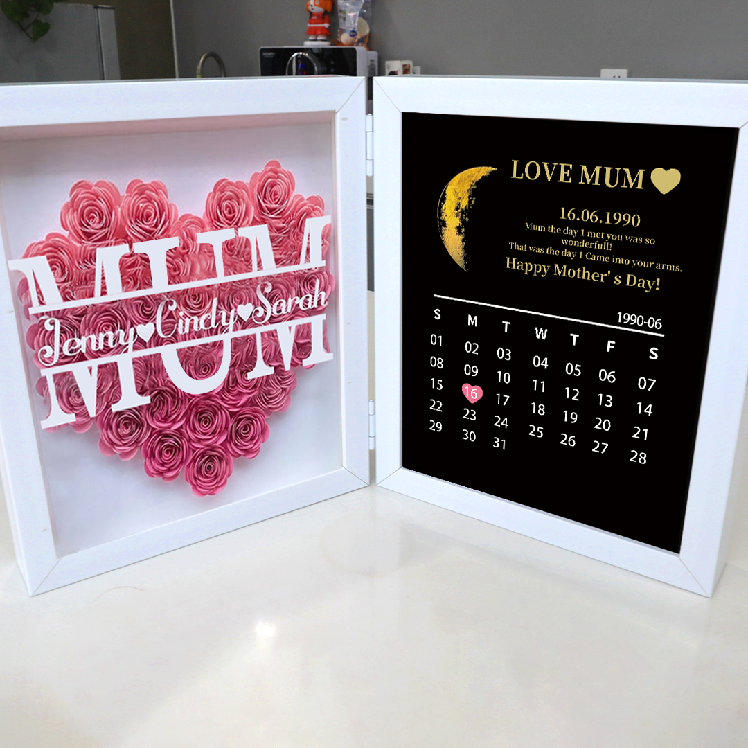 (Mum&Grandmum With Name) With REAL MOON PHASE Anniversary Calendar Custom flower frame