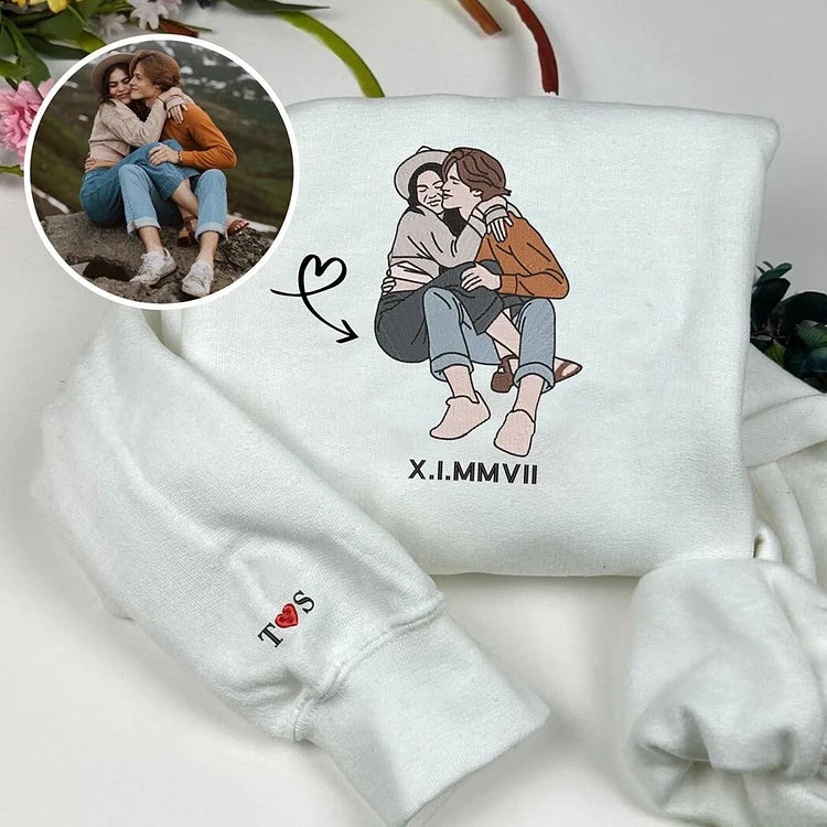 Custom Embroidered Portrait Sweatshirt - Personalized Portrait from Your Photo, Embroidered Design with Roman Numerals-Creatgifts