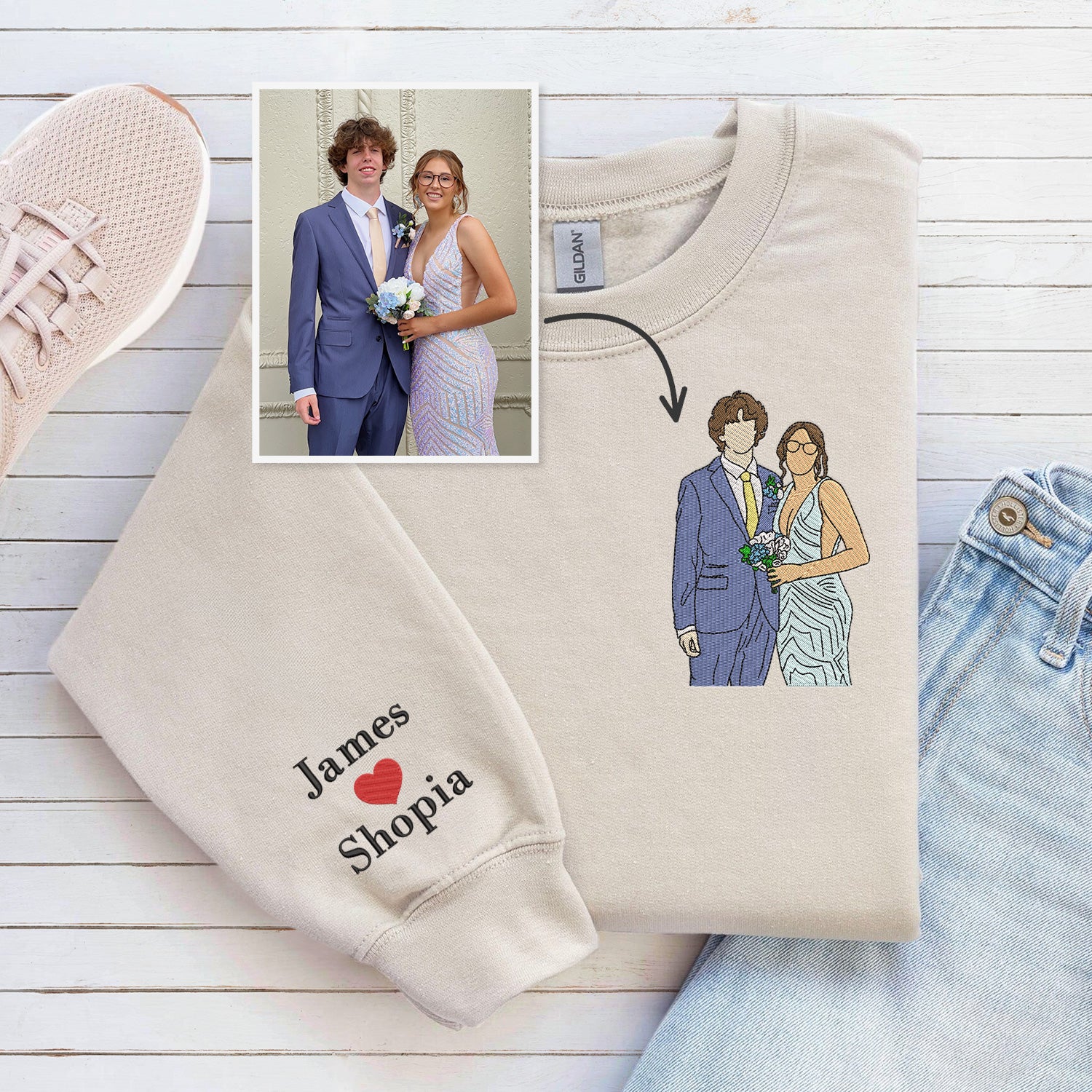 Custom Embroidered Couple Art Drawing Gift, Portrait From Photo, Embroidered Sweatshirt, Valentine Personalized, First Anniversary Gift-Creatgifts