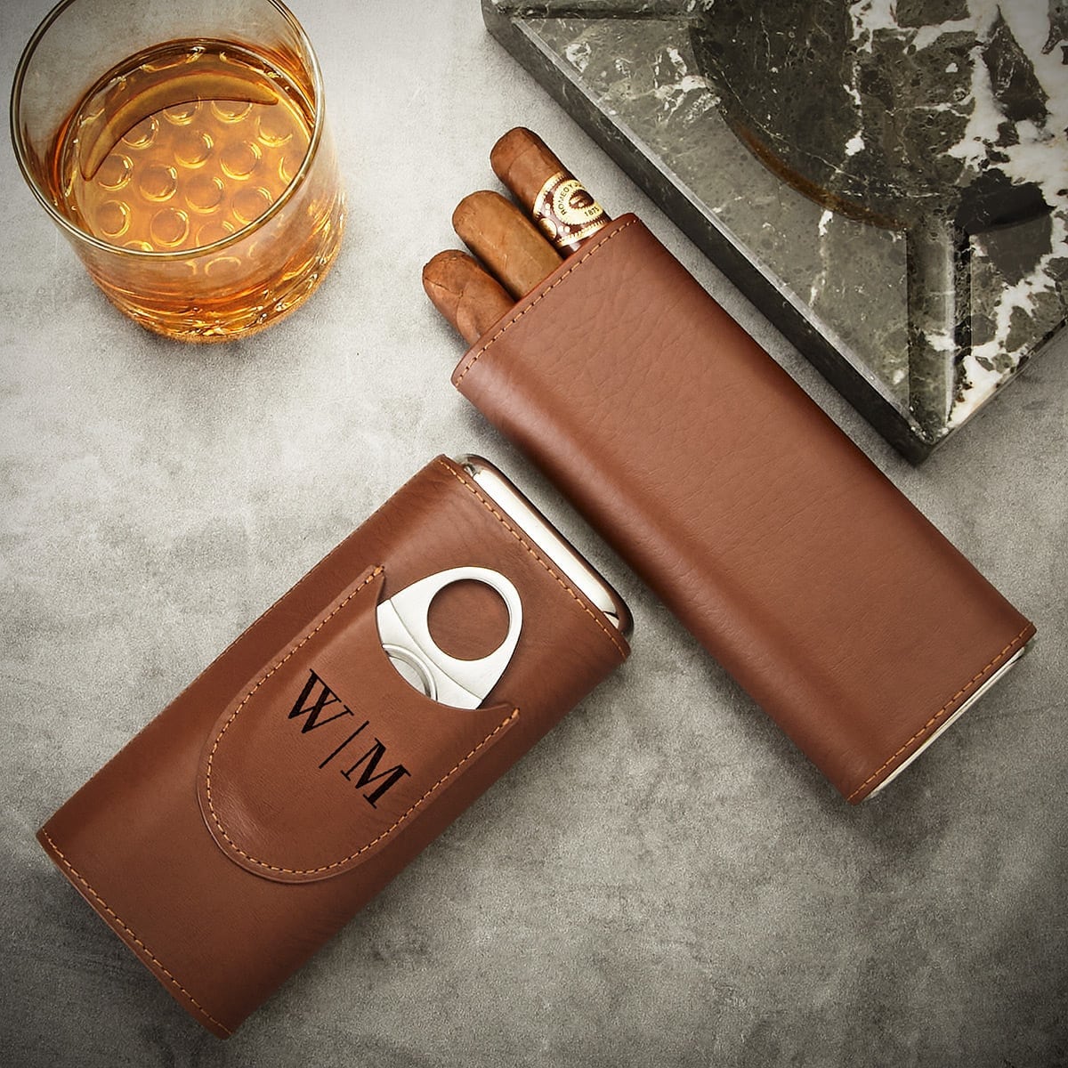 Custom Oxley Cigar Glass and Cedar-Lined Cigar Case, Brown Leather For Elegant Men