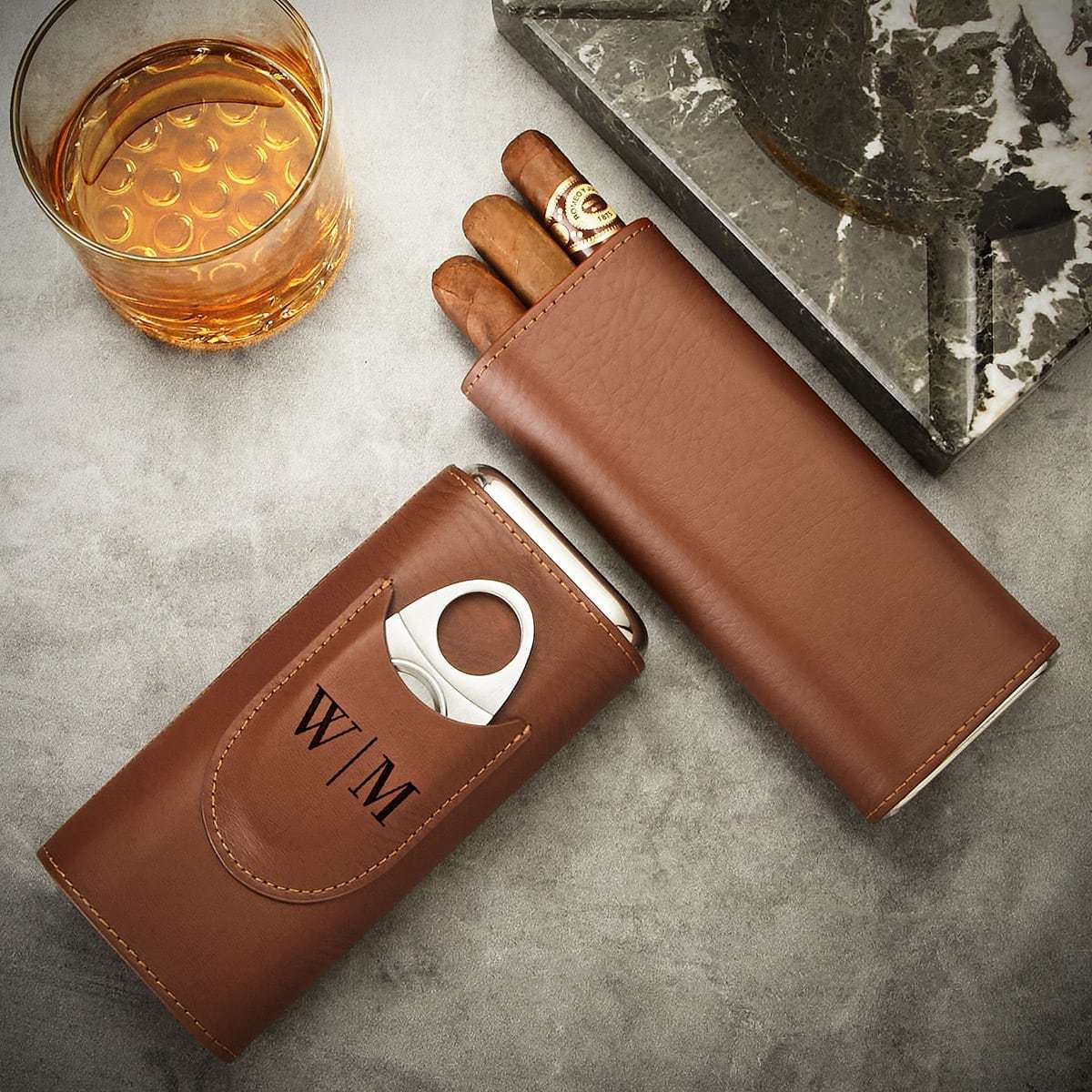Custom Oxley Cigar Glass and Cedar-Lined Cigar Case, Brown Leather For Elegant Men