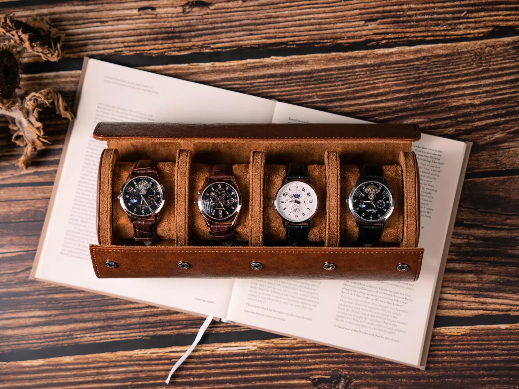 Custom personalized watch roll with engraved name on leather case