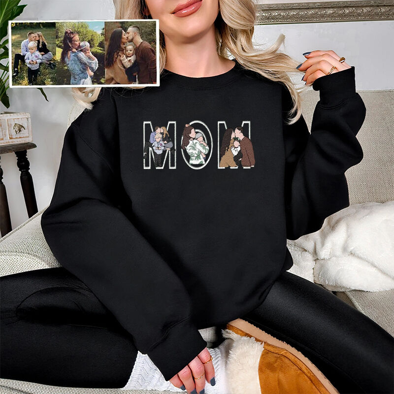 Custom Photo Portrait Embroidery Sweatshirt/Hoodie, Gift For Dad/Mama/Family