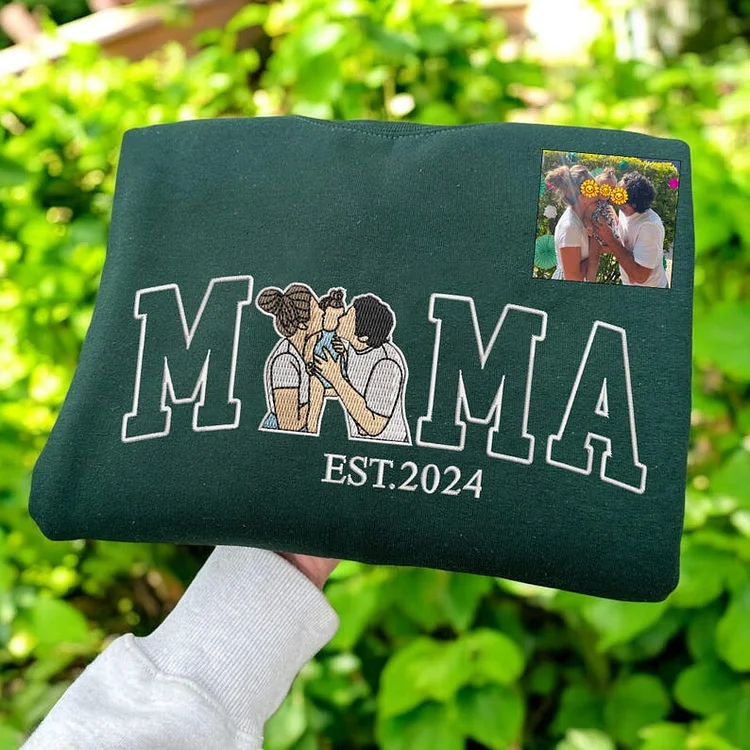 Mama, Mom T-shirt with Photo, Custom Embroidered Sweatshirt Mama and Kids Portrait.