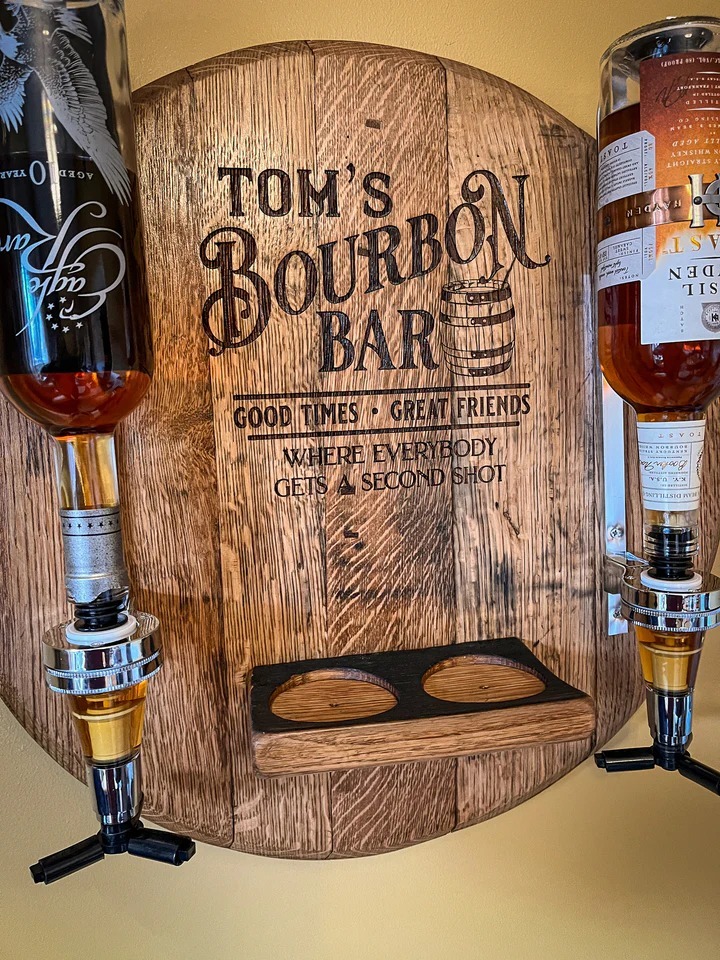 Wall-Mounted Liquor Dispenser from Bourbon/Whiskey /lrish/rum Barrel Lid