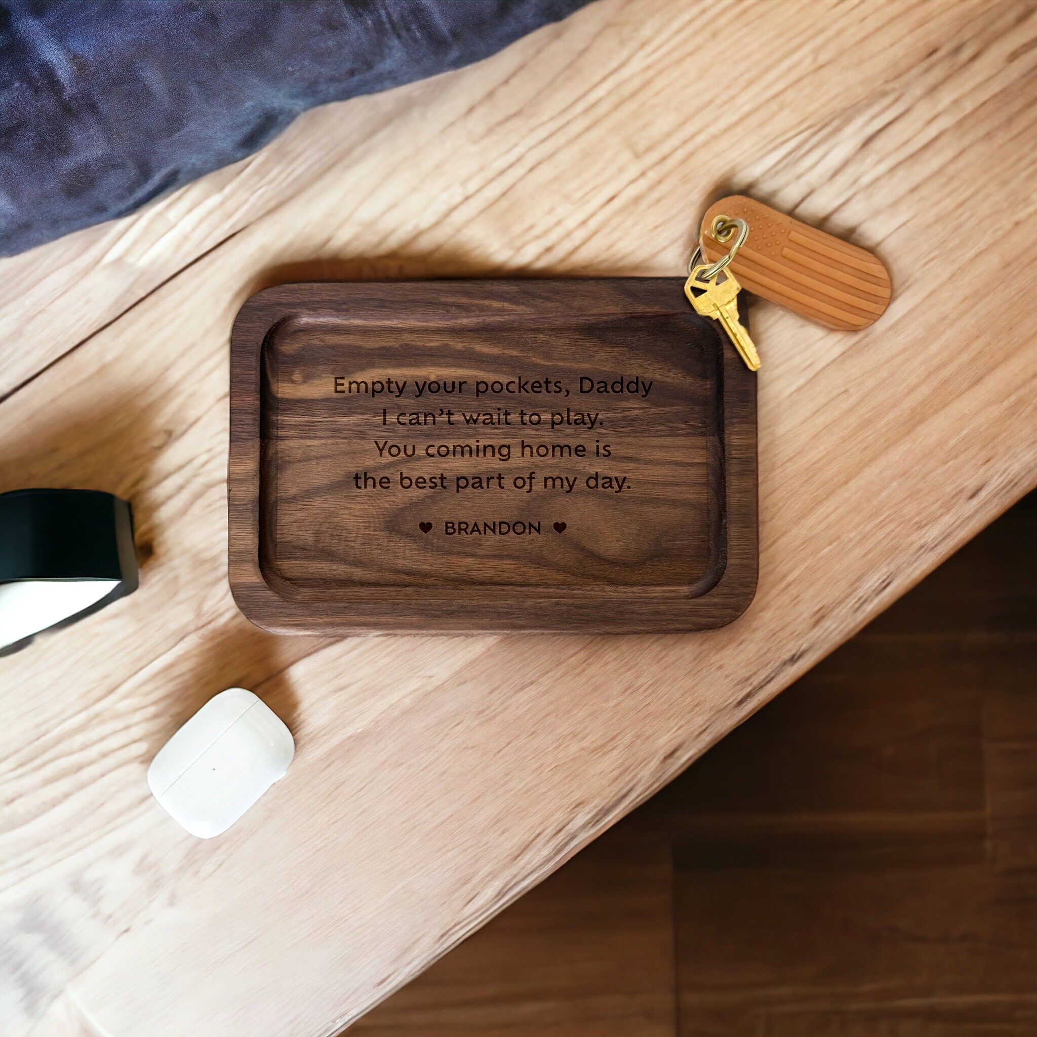 Engraved wooden valet tray personalized for dad, custom name pocket tray gift from kids