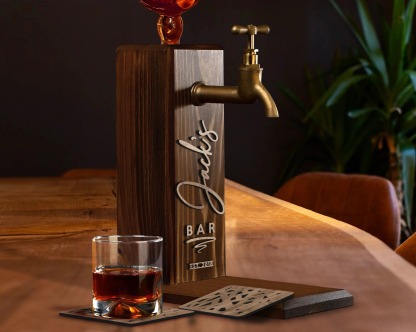 Personalized Embossed Named Wooden Whiskey Dispenser and Wood Coasters Set, Bar, Pub, Wine, Vodka, Liquor Dispenser, Wood Whiskey Fountain-Creatgifts