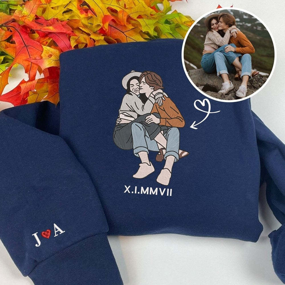 Custom Embroidered Portrait Sweatshirt - Personalized Portrait from Your Photo, Embroidered Design with Roman Numerals-Creatgifts