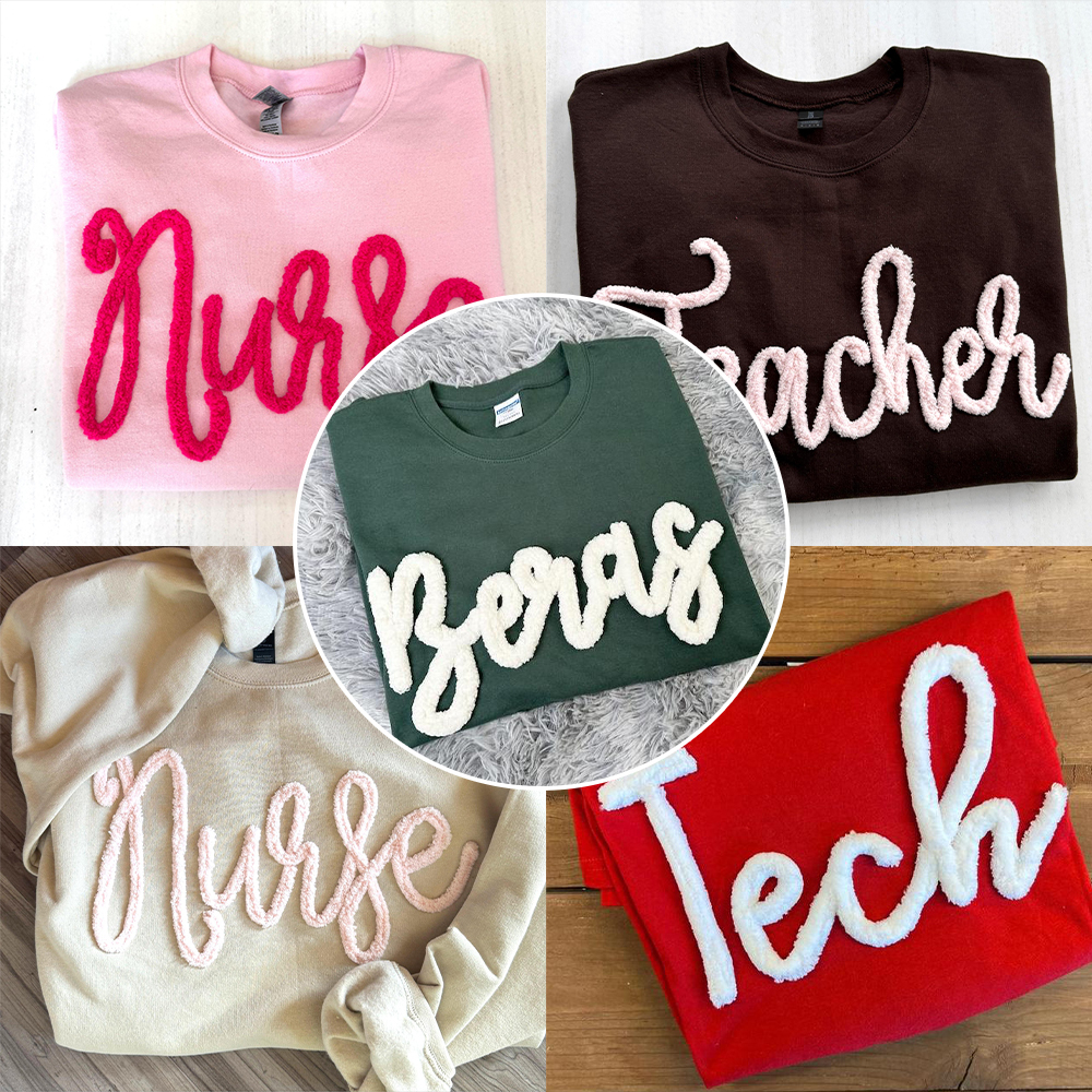 Custom Chenille Embroidered Sweatshirt With Option To Add Name On Sleeves