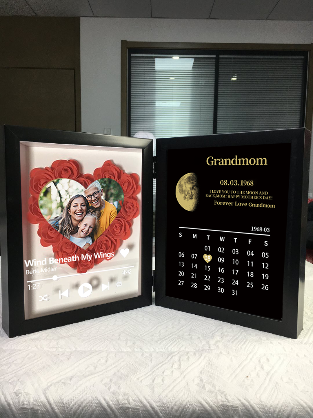 (Heart With Song) Custom Flowers Frame for Mom Grandma with REAL MOON PHASE Calendar