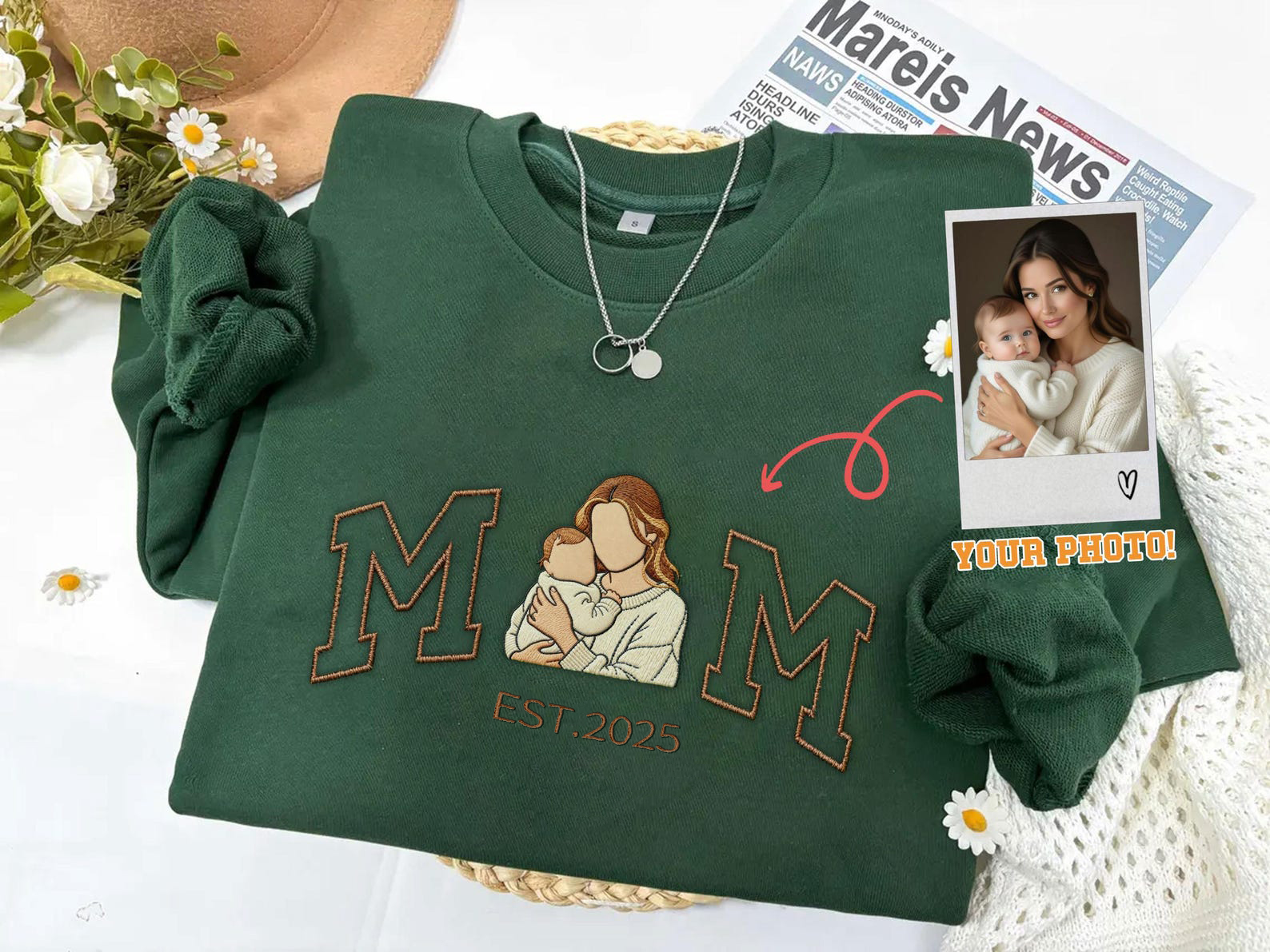 Custom Embroidered Portrait Sweatshirt , Mama/Mum & Kids Photo Design