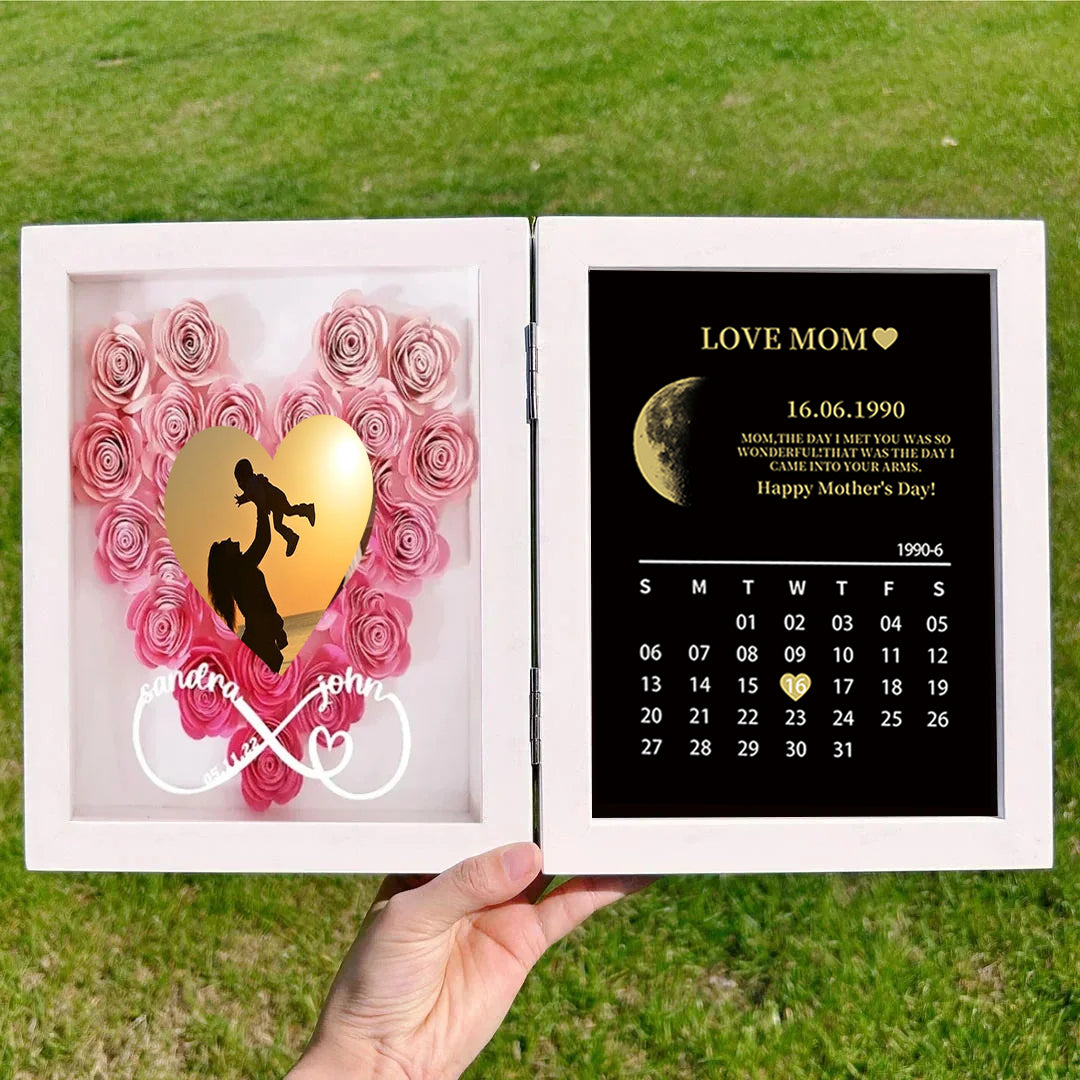 (Infinity Sign With Names) Custom Flowers Frame for Mom Grandma with REAL MOON PHASE Anniversary Calendar-Creatgifts