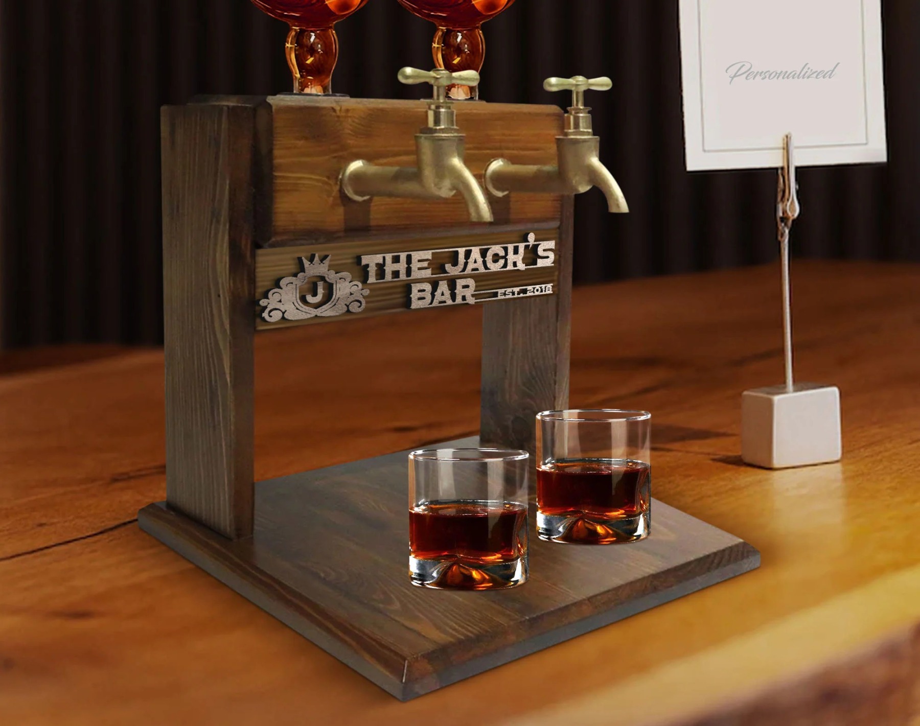 Personalized Embossed Named Wooden Double Faucet Whiskey Dispenser, Bar, Home Bar, Pub and Pub Shed, Wine, Vodka, Liquor Dispenser, Fountain-Creatgifts