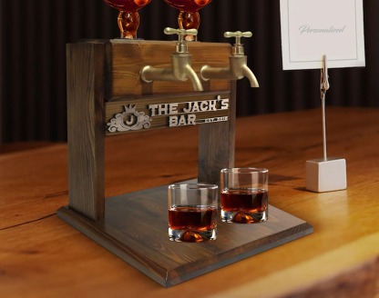 Personalized Embossed Named Wooden Double Faucet Whiskey Dispenser, Bar, Home Bar, Pub and Pub Shed, Wine, Vodka, Liquor Dispenser, Fountain-Creatgifts