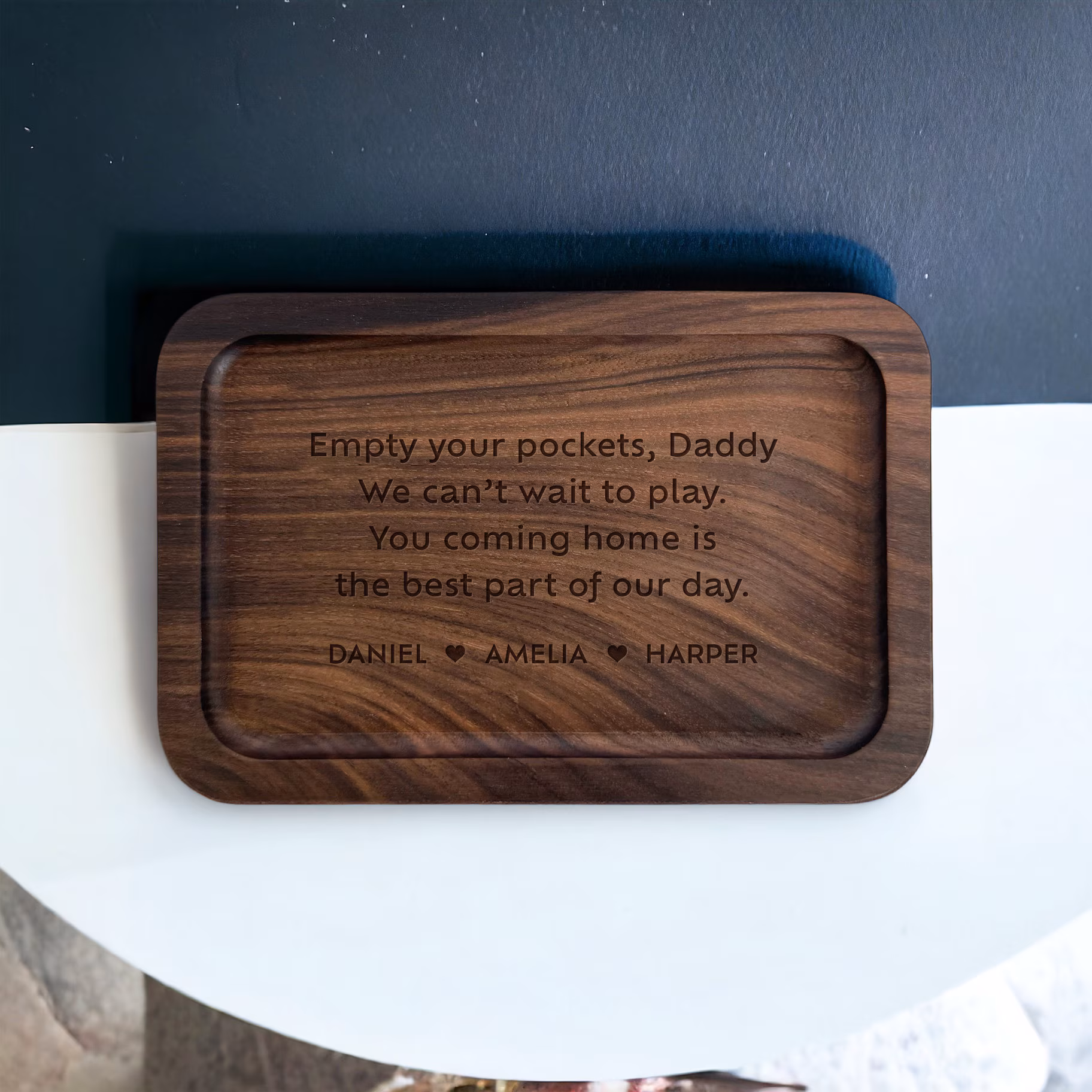 Personalized wooden valet tray for dad, custom empty your pockets tray, engraved gift from kids for everyday use