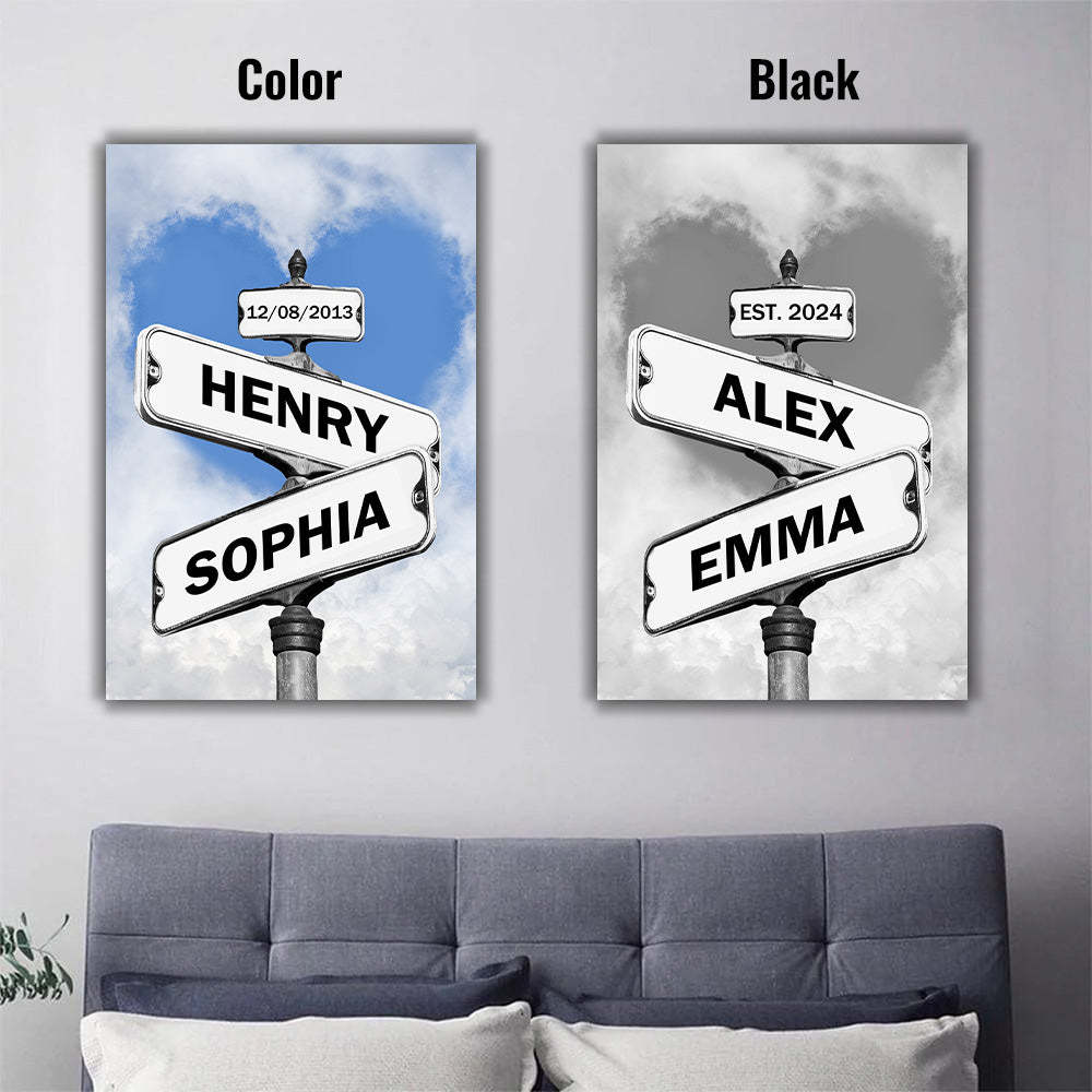Personalized Couple Names Street Heart Sign Canvas Wall Art Frame