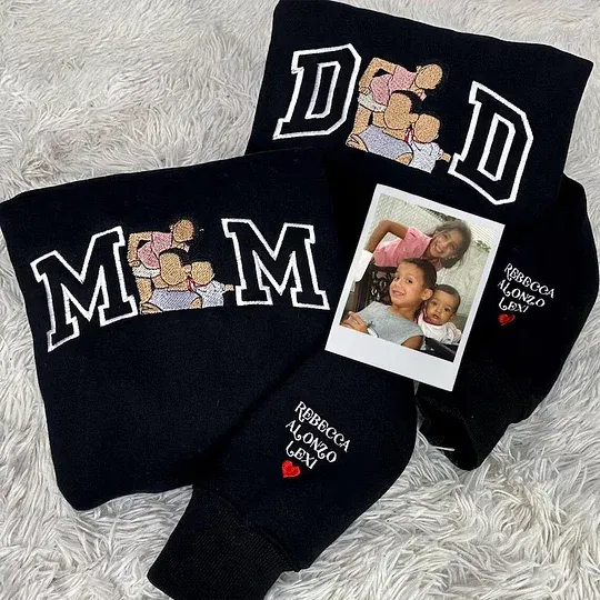 Custom Embroidery sweatshirt with Mom Dad Photo, Custom Varsity Embroidered T-shirt, Gift For Mom, Dad