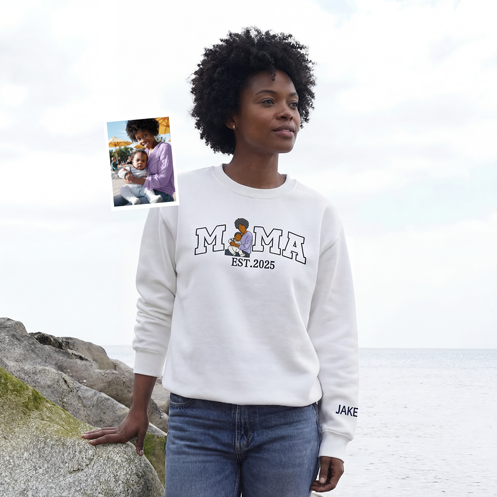 Mama,Mum T-shirt with Photo, Custom Embroidered Sweatshirt Mama and Kids Portrait.