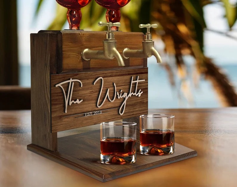 Personalized Embossed Family Name Wooden Double Faucet Whiskey Dispenser, Home Bar, Bar Decor, Wine, Vodka, Alcoholic Drink Fountain-Creatgifts