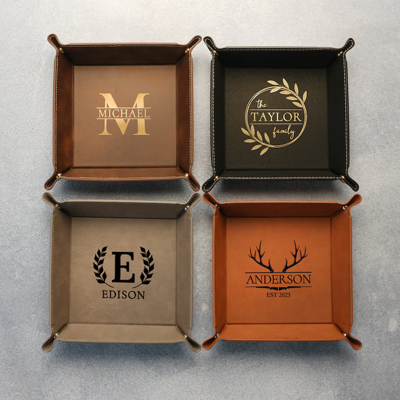 Personalized Vegan Leather Valet Tray for Dad – Engraved Father’s Day Gift