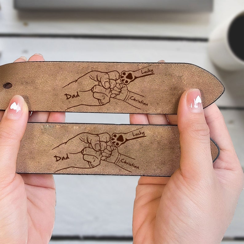 Custom Leather Belt of Engraved Fist Bump from Dad, Kids, and Pet, Gift For Papa