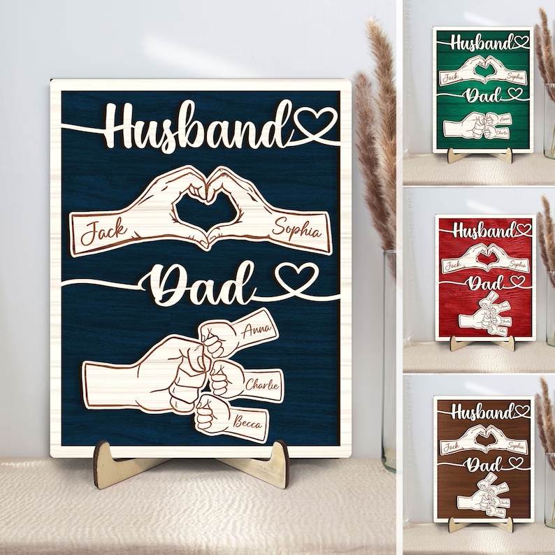 Personalized Dad Wooden Plaque – Custom Kids Name Fist Bump Sign, Father’s Day Gift for Dad or Husband