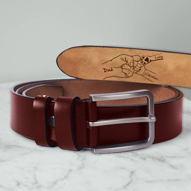 Custom Leather Belt of Engraved Fist Bump from Dad, Kids, and Pet, Gif