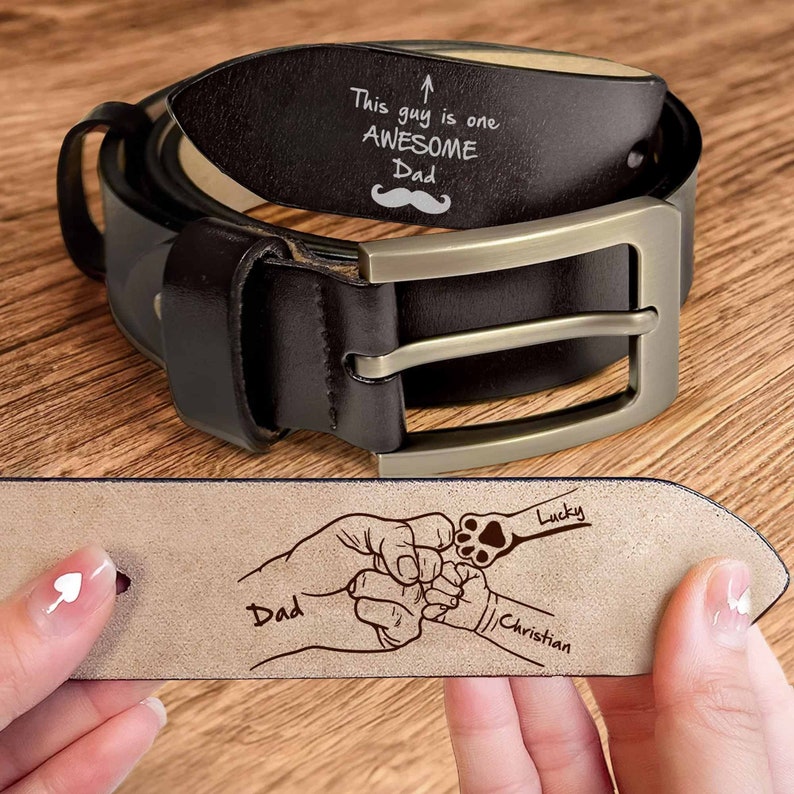 Custom Leather Belt of Engraved Fist Bump from Dad, Kids, and Pet, Gift For Papa