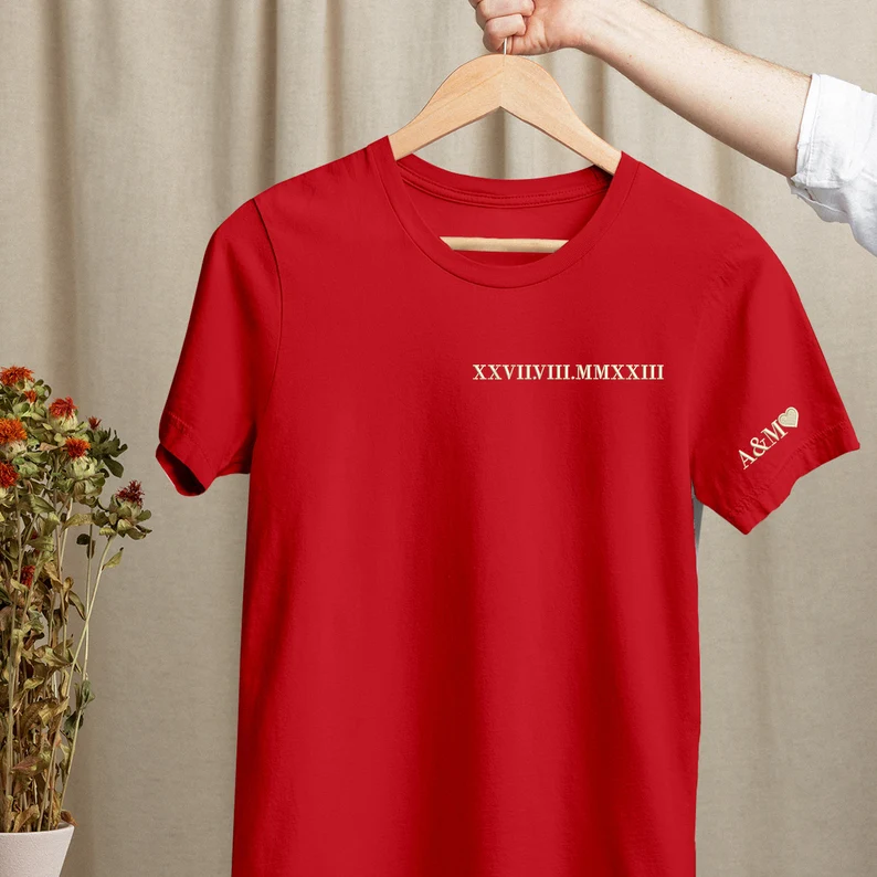 Embroidered Roman Numeral T-Shirts, Personalised Initials Couple Matching Shirt, Custom Wedding Date Tees, Memorial Anniversary Gift for Him-Creatgifts