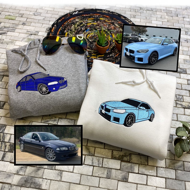 Hubby Car Hoodie, Unique Gift For Car Lover, Embroidered Car Portrait Sweatshirt, Car Race Shirt, Car Photo, Custom Car, Classic Car image 2