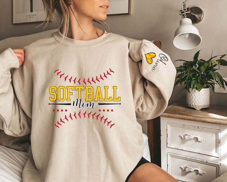 Personalize Softball Mom With Child Name Sweatshirt, Cute Softball Mama Hoodie, Mothers Day Gift For Softball Mom, Softball Season Mom