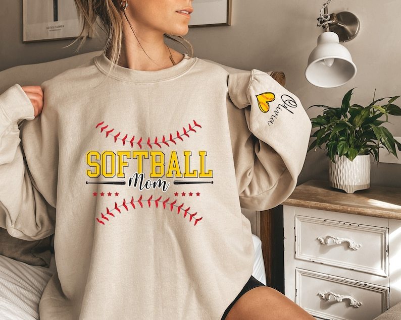 Personalize Softball Mom With Child Name Sweatshirt, Cute Softball Mama Hoodie, Mothers Day Gift For Softball Mom, Softball Season Mom