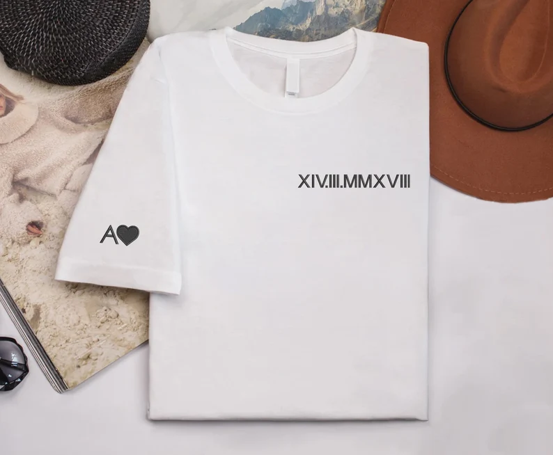 Embroidered Roman Numeral T-Shirts, Personalised Initials Couple Matching Shirt, Custom Wedding Date Tees, Memorial Anniversary Gift for Him-Creatgifts