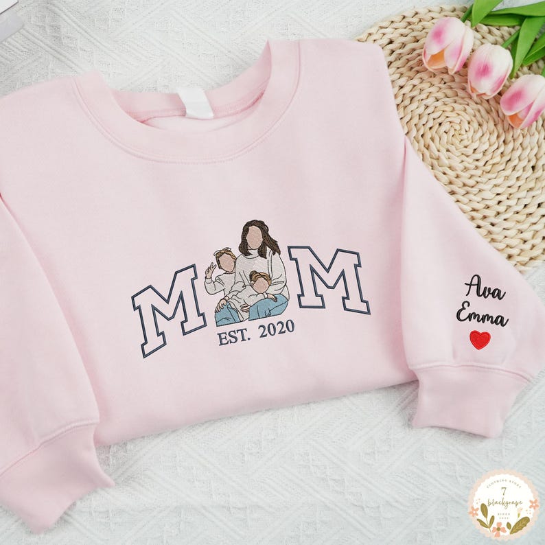 Embroidered Mama Sweatshirt with Photo, Mother's Day Gifts, Varsity Shirts, Custom Embroidered Hoodie Mama and Kids Portrait, New Mom Gift-Creatgifts