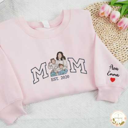 Embroidered Mama Sweatshirt with Photo, Mother's Day Gifts, Varsity Shirts, Custom Embroidered Hoodie Mama and Kids Portrait, New Mom Gift-Creatgifts