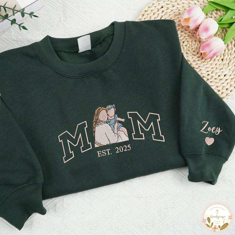 Embroidered Mama Sweatshirt with Photo, Mother's Day Gifts, Varsity Shirts, Custom Embroidered Hoodie Mama and Kids Portrait, New Mom Gift-Creatgifts