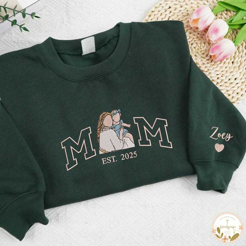 Embroidered Mama Sweatshirt with Photo, Mother's Day Gifts, Varsity Shirts, Custom Embroidered Hoodie Mama and Kids Portrait, New Mom Gift-Creatgifts