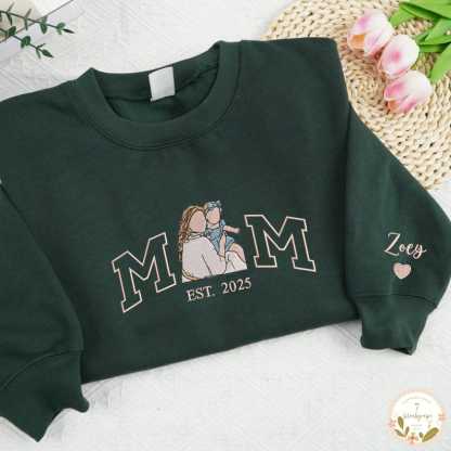 Embroidered Mama Sweatshirt with Photo, Mother's Day Gifts, Varsity Shirts, Custom Embroidered Hoodie Mama and Kids Portrait, New Mom Gift-Creatgifts