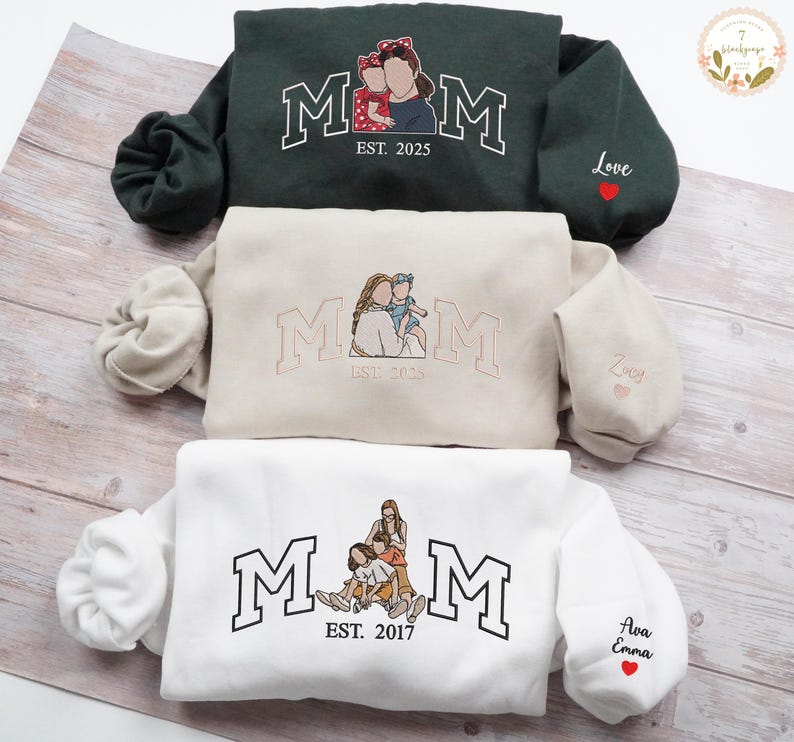Embroidered Mama Sweatshirt with Photo, Mother's Day Gifts, Varsity Shirts, Custom Embroidered Hoodie Mama and Kids Portrait, New Mom Gift-Creatgifts