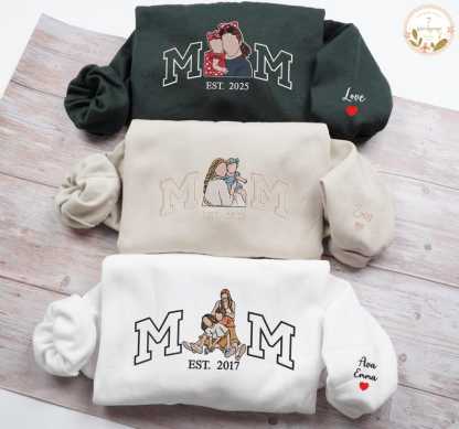 Embroidered Mama Sweatshirt with Photo, Mother's Day Gifts, Varsity Shirts, Custom Embroidered Hoodie Mama and Kids Portrait, New Mom Gift-Creatgifts