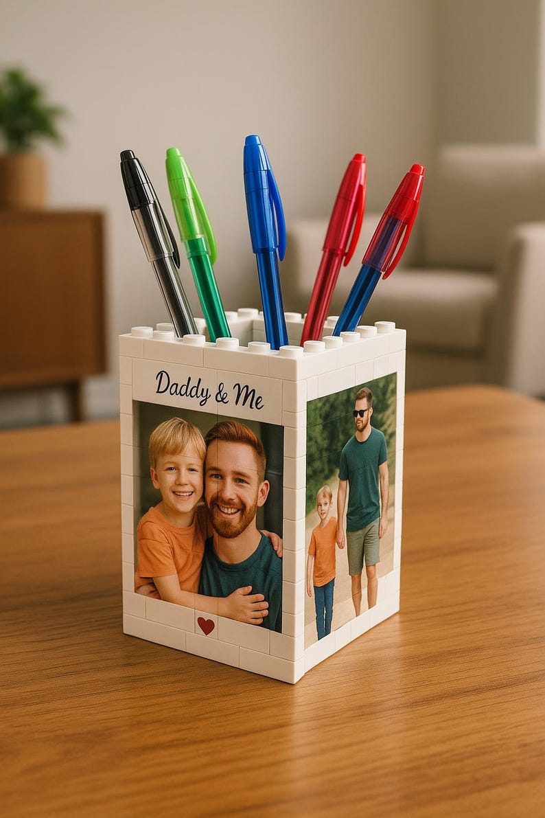 Personalized Photo Brick Pencil Holder for Dad – Brick-Inspired Desk Organizer, Gift from Kids for Father’s Day 
